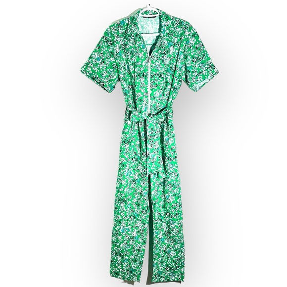 New Zara Jumpsuit Green Floral Print Zip Front Short Sleeves Size M - Picture 3 of 6